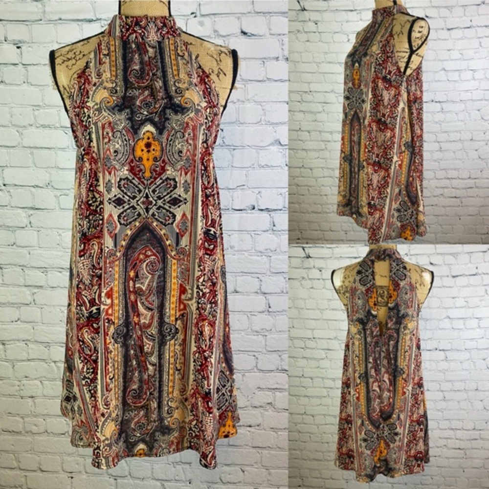 AUDREY 3+1 Boho Print Choker Neck Back Cutout Dress